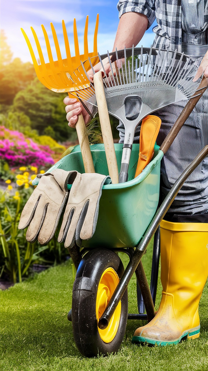 Utensili da giardinaggio esposti su scaffali