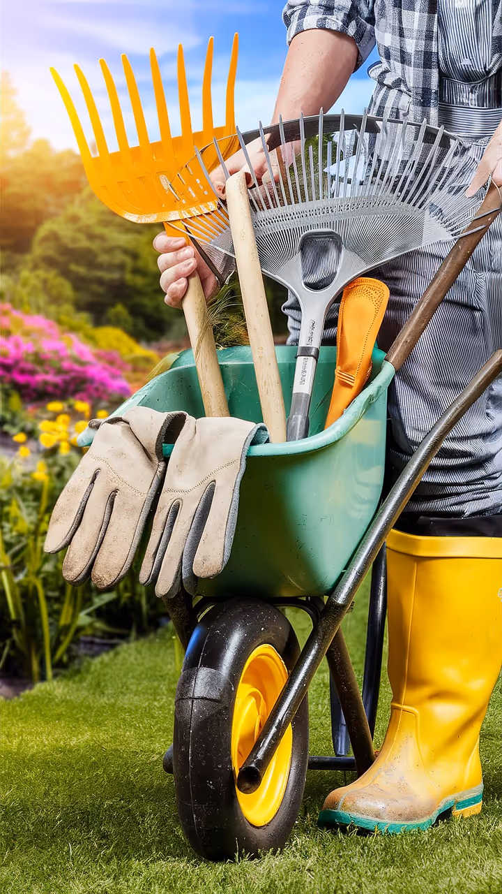 Utensili da giardinaggio esposti su scaffali